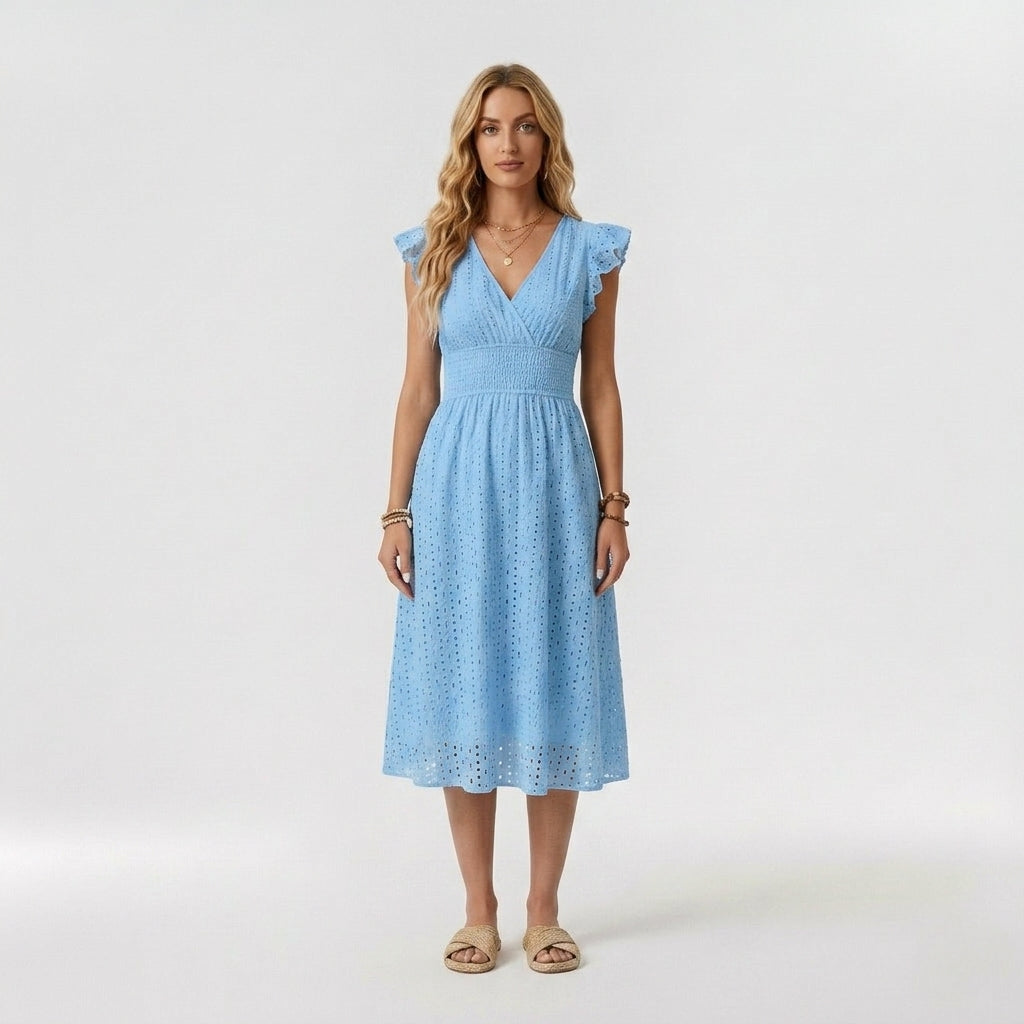 Coralie | Women's Casual Midi Dress – Mock Neck, Short Sleeves