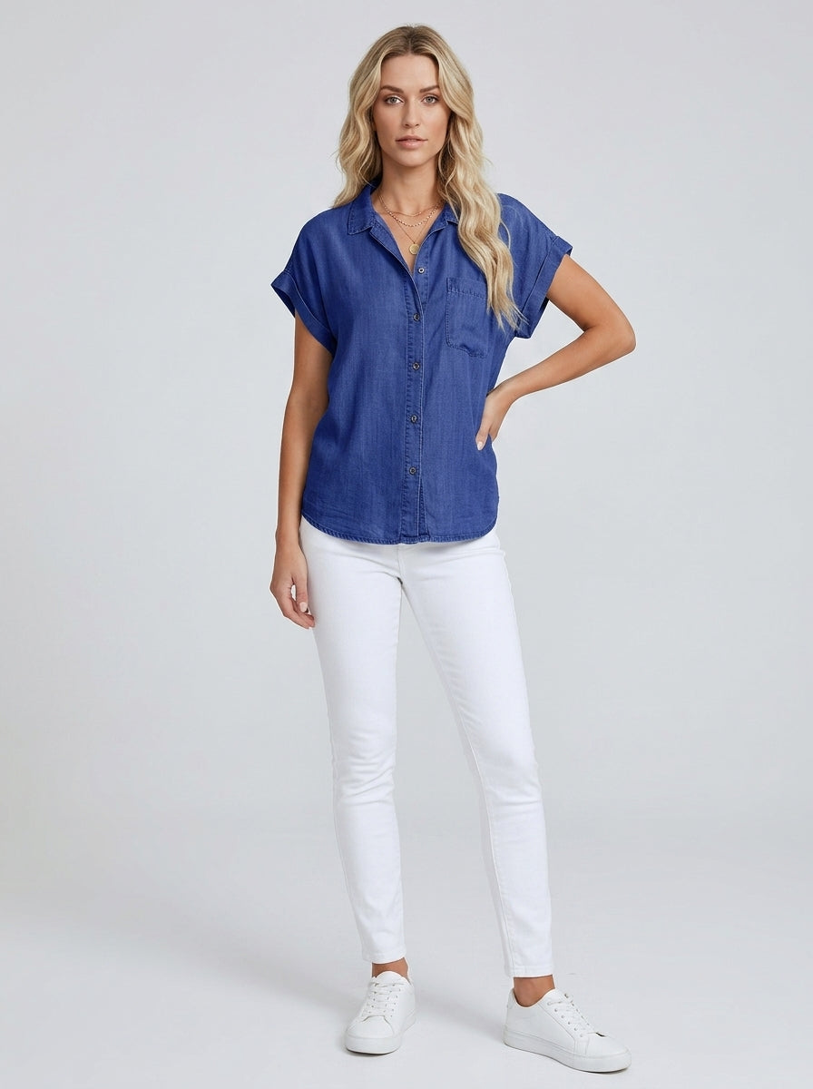 Coraline | Women's Relaxed Fit Denim Shirt - Button-Up Casual Collared Blouse