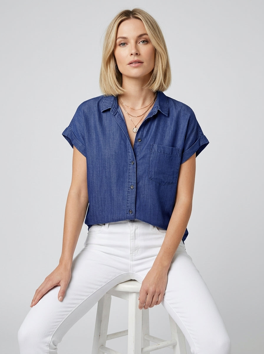 Coraline | Women's Relaxed Fit Denim Shirt - Button-Up Casual Collared Blouse
