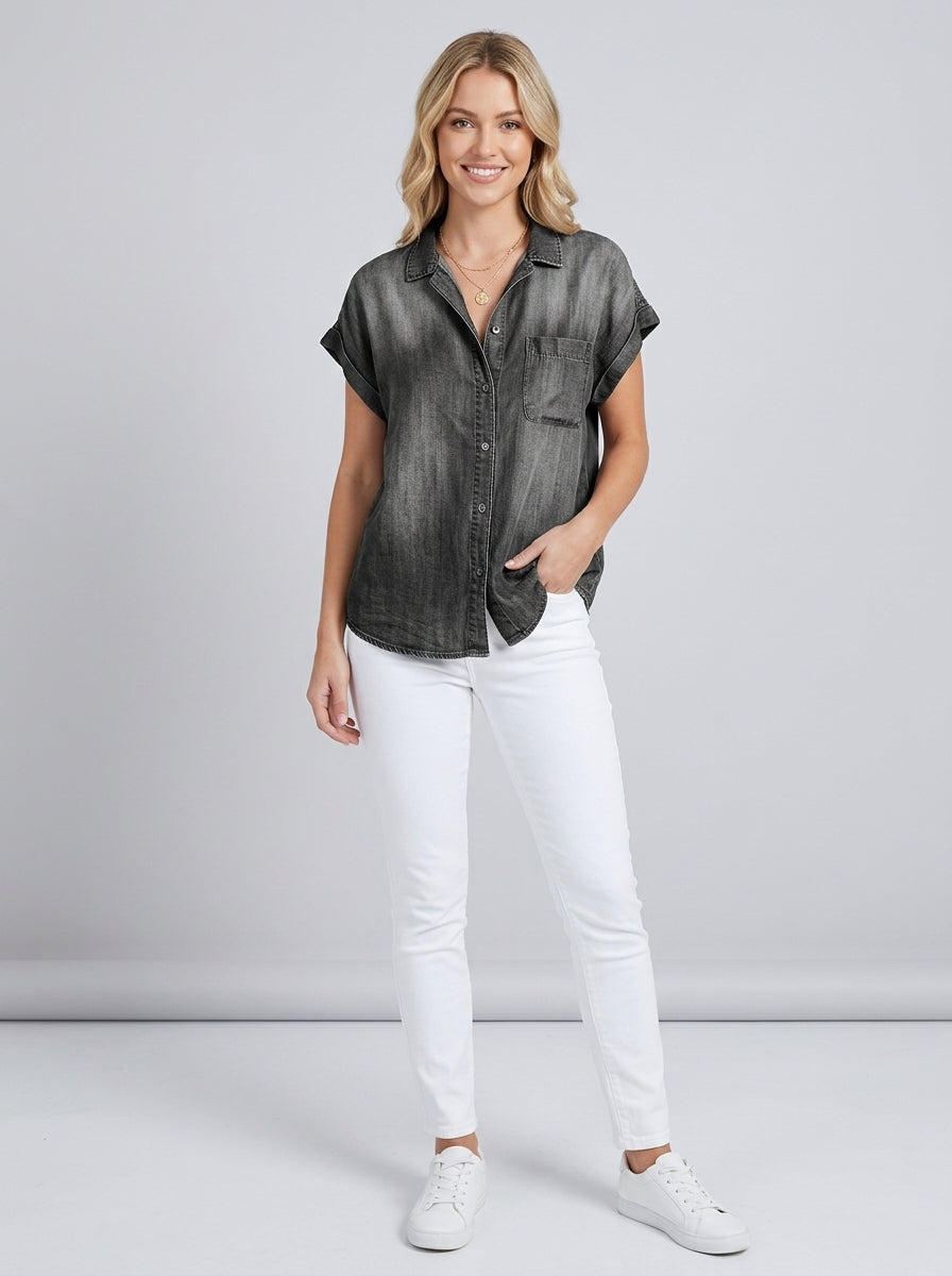 Coraline | Women's Relaxed Fit Denim Shirt - Button-Up Casual Collared Blouse
