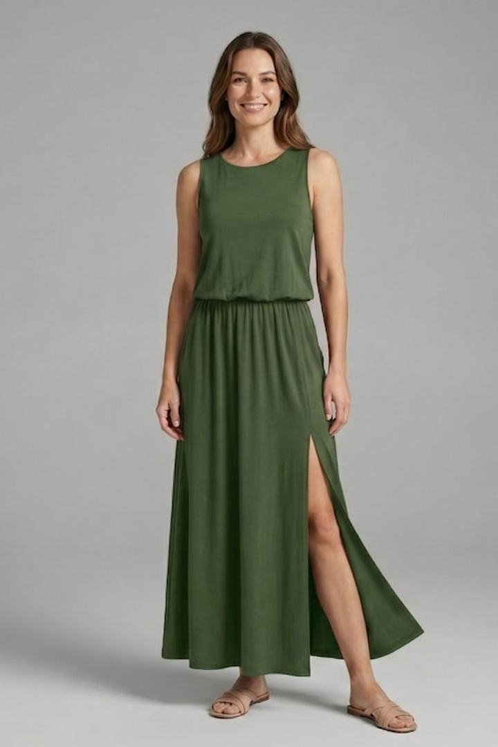 Corinne | Women's Maxi Dress – Sleeveless Round Neck Side Slit Casual Dress