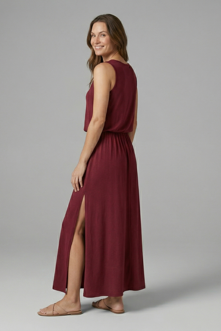 Corinne | Women's Maxi Dress – Sleeveless Round Neck Side Slit Casual Dress