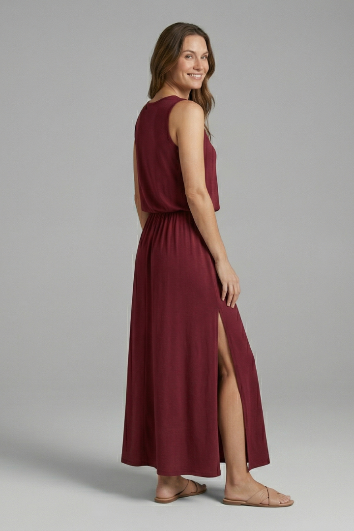 Corinne | Women's Maxi Dress – Sleeveless Round Neck Side Slit Casual Dress