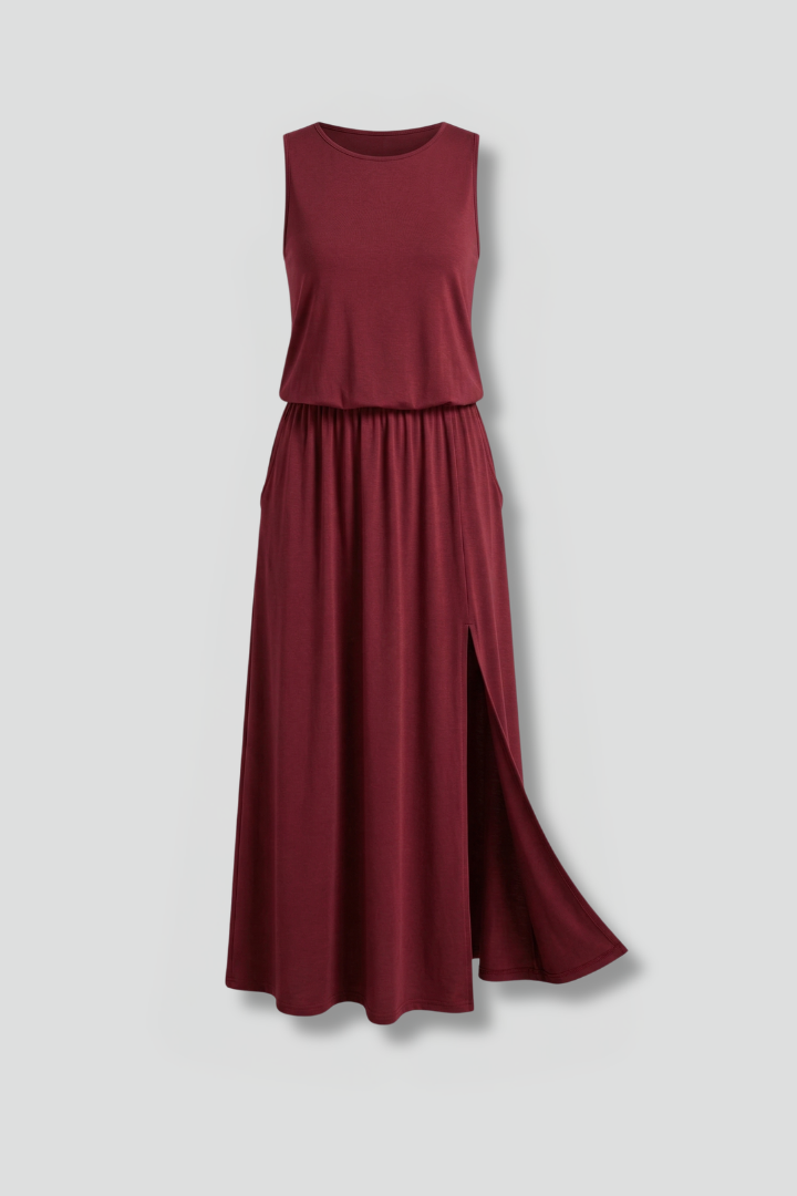 Corinne | Women's Maxi Dress – Sleeveless Round Neck Side Slit Casual Dress