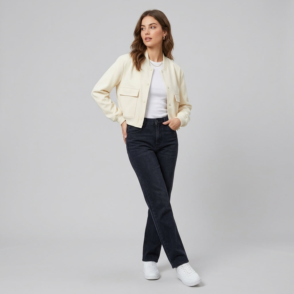 Coriselle | Women’s Bomber Jacket – Baseball Collar, Snap Button Front & Long Sleeves