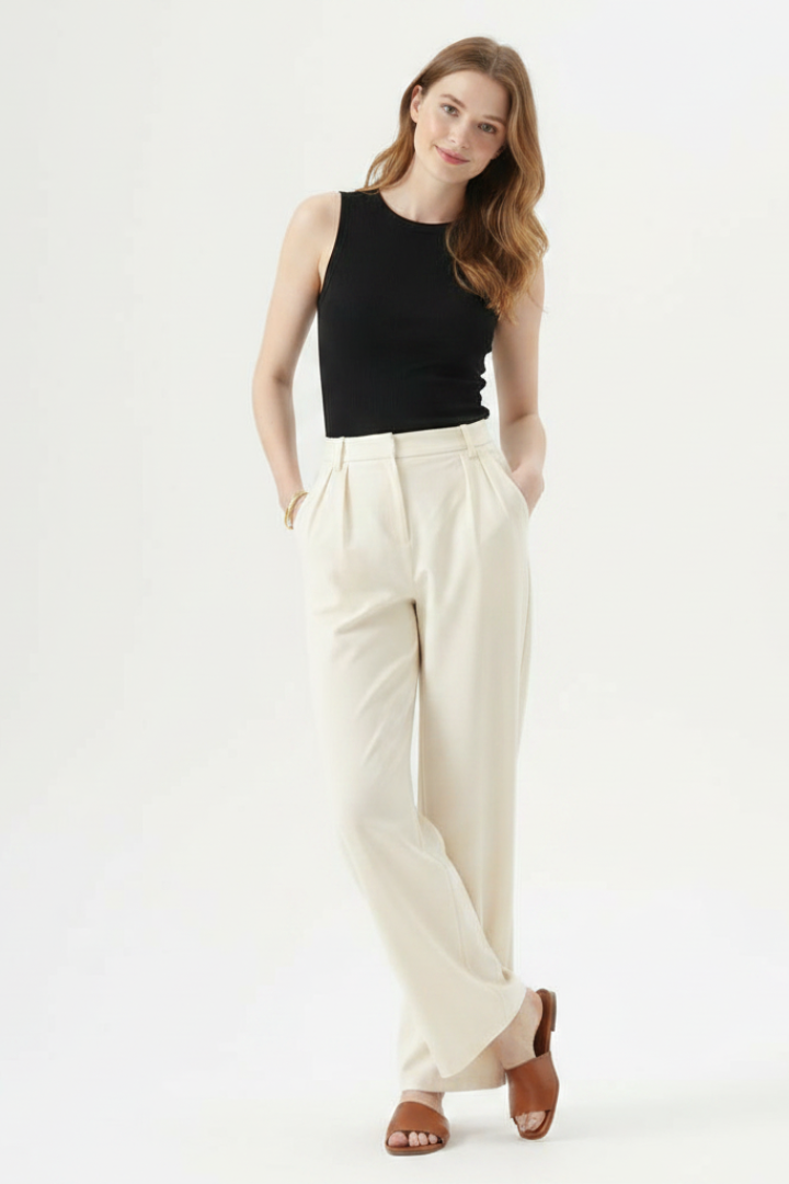 Cosima | Women’s High Waisted Straight Leg Trousers - Pleated Waist Pants with Pockets