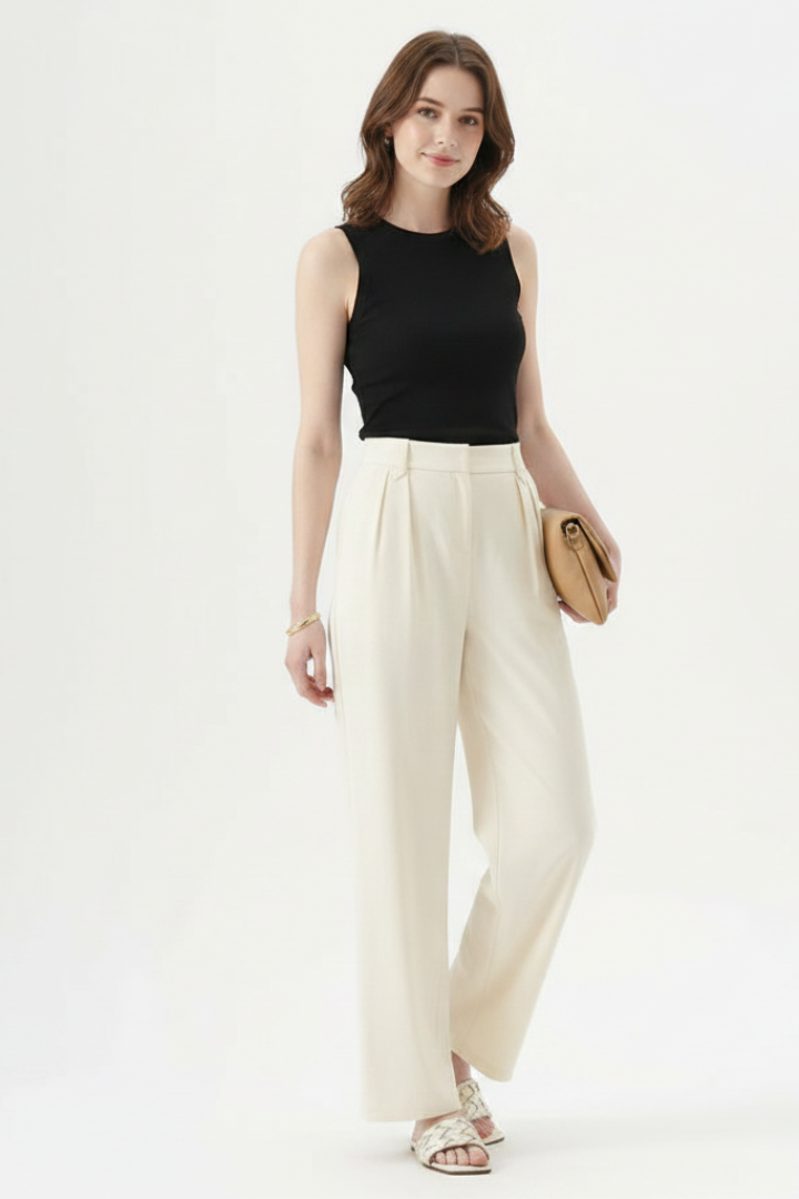 Cosima | Women’s High Waisted Straight Leg Trousers - Pleated Waist Pants with Pockets