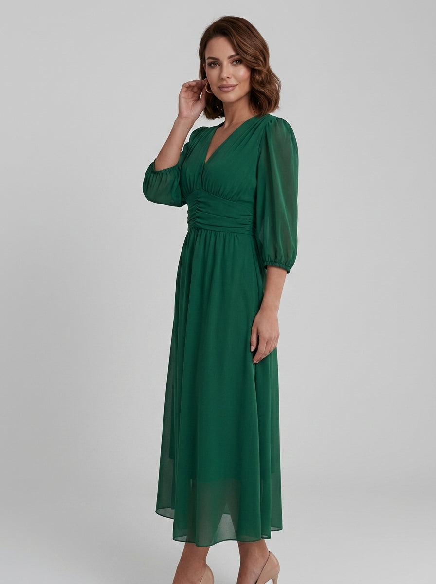 Cressida | Women’s V-Neck Wrap Midi Dress – Long Sleeve Flared Dress