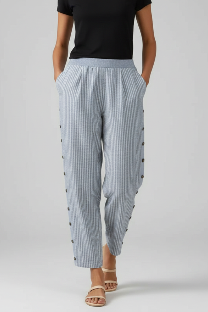 Cyra | Women’s Striped Straight Leg Pants – Elastic Waist Ankle-Length Trouser