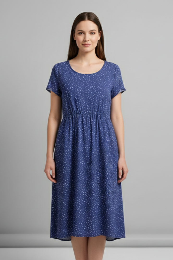 Daciana | Casual Dress for Women – Short Sleeve Midi Dress with Round Neck
