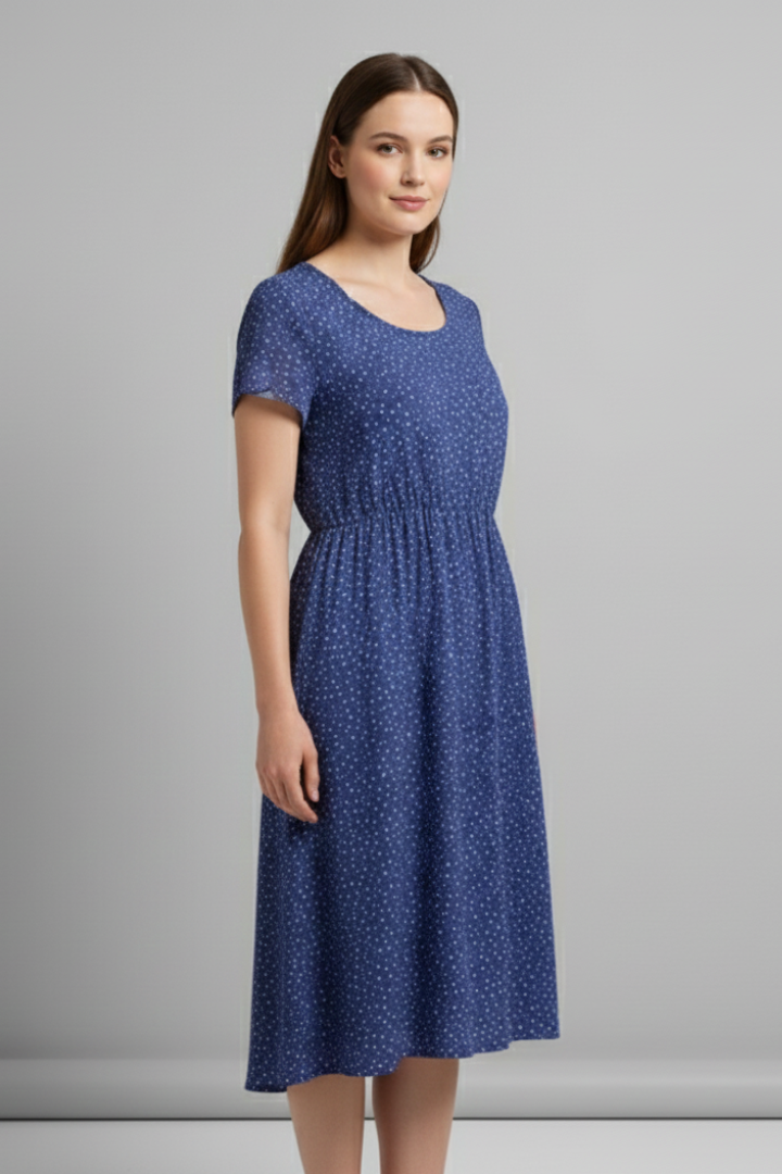 Daciana | Casual Dress for Women – Short Sleeve Midi Dress with Round Neck