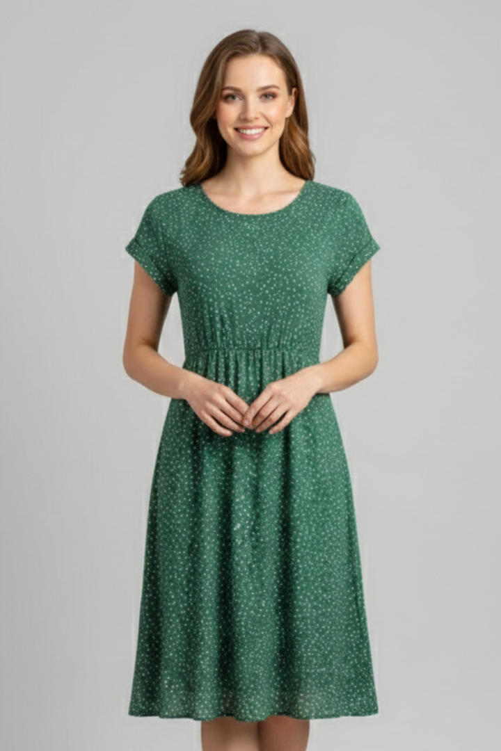 Daciana | Casual Dress for Women – Short Sleeve Midi Dress with Round Neck
