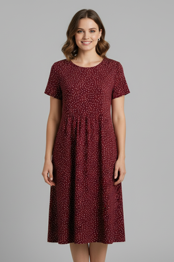 Daciana | Casual Dress for Women – Short Sleeve Midi Dress with Round Neck