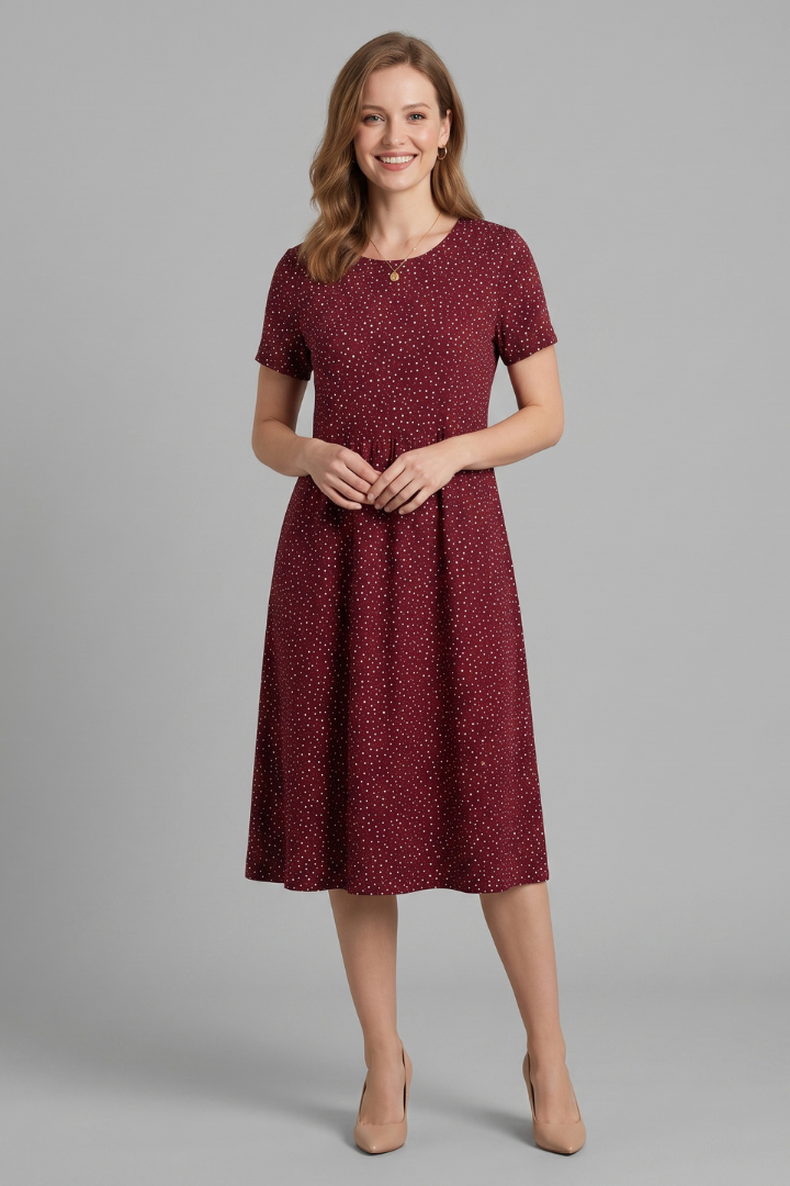 Daciana | Casual Dress for Women – Short Sleeve Midi Dress with Round Neck