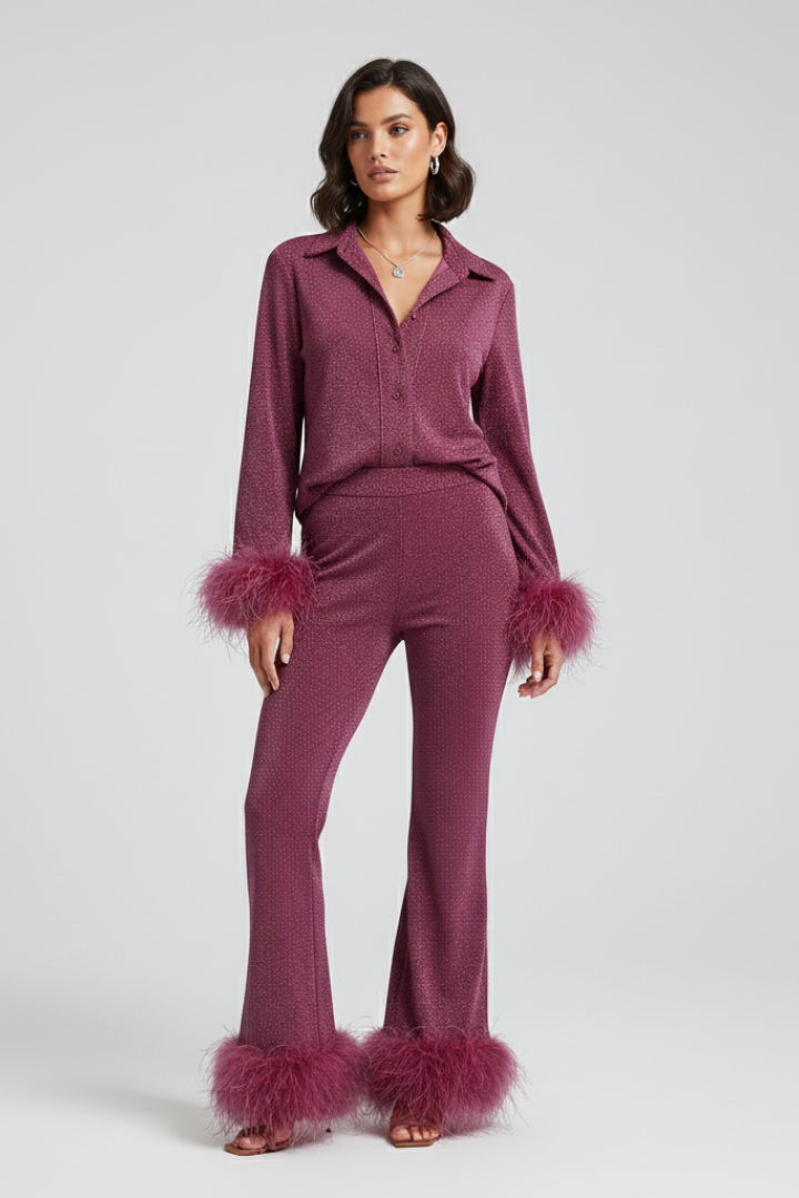 Dahlia | Women's Two Piece Set – Button Shirt & Straight Leg Pants with Feather Trim