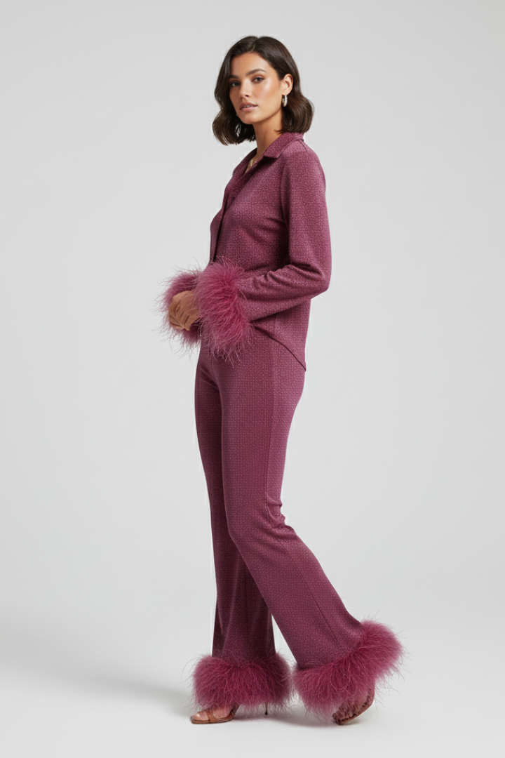 Dahlia | Women's Two Piece Set – Button Shirt & Straight Leg Pants with Feather Trim
