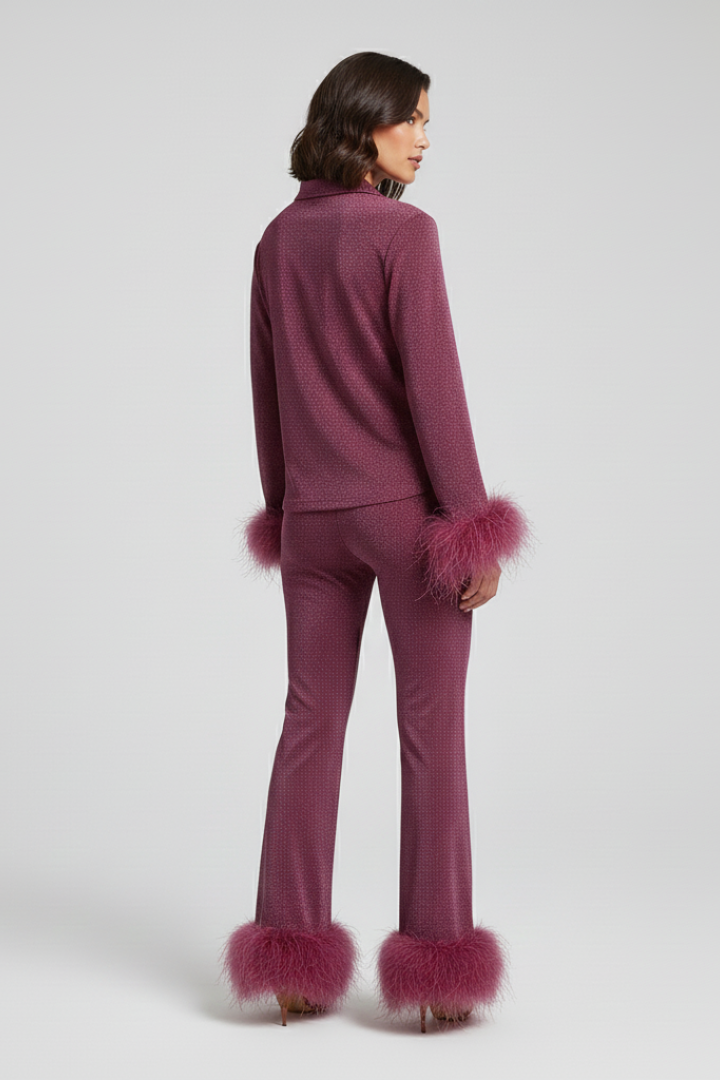 Dahlia | Women's Two Piece Set – Button Shirt & Straight Leg Pants with Feather Trim