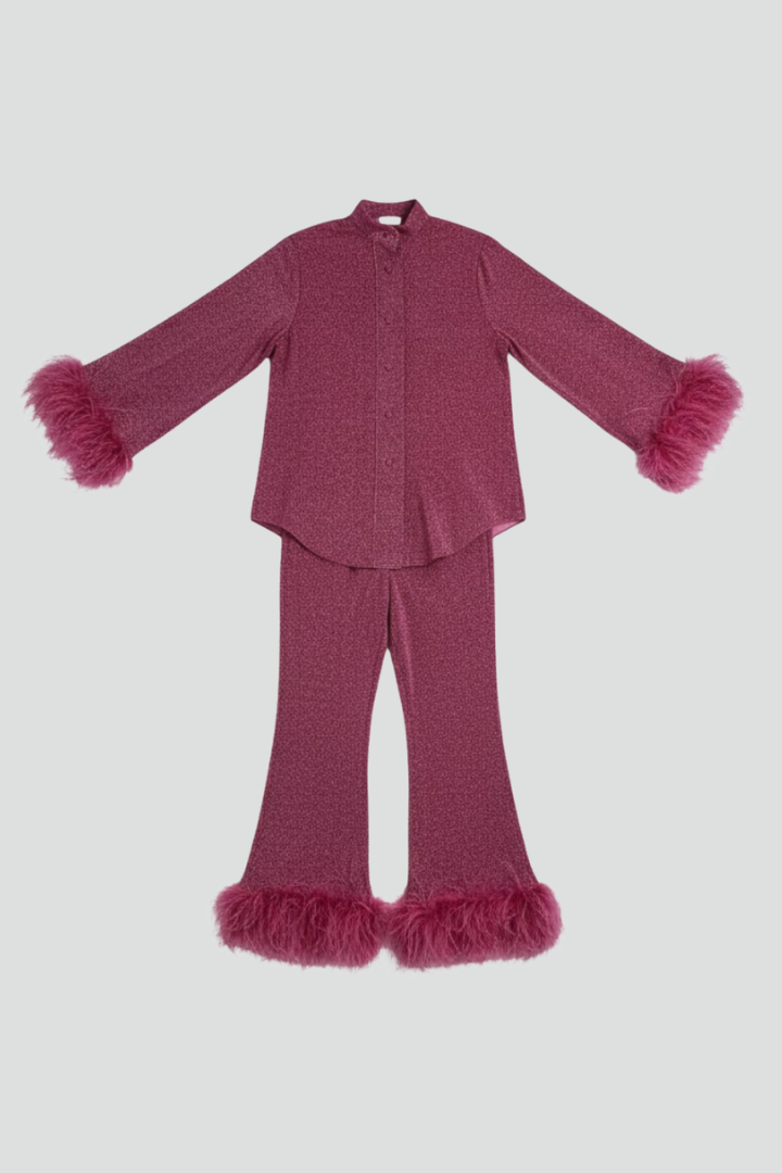 Dahlia | Women's Two Piece Set – Button Shirt & Straight Leg Pants with Feather Trim