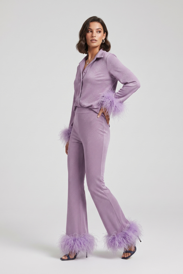Dahlia | Women's Two Piece Set – Button Shirt & Straight Leg Pants with Feather Trim