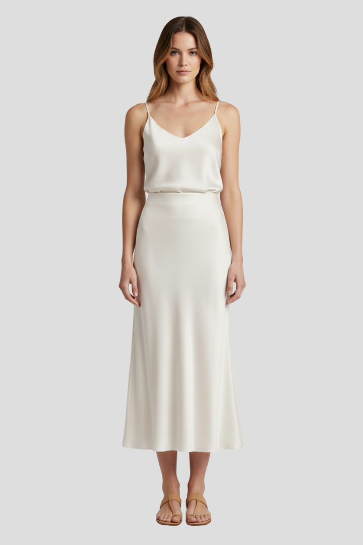 Dakota | Women’s Satin Midi Skirt – High Waist, Draped Cut, Elegant A-Line Slip Skirt