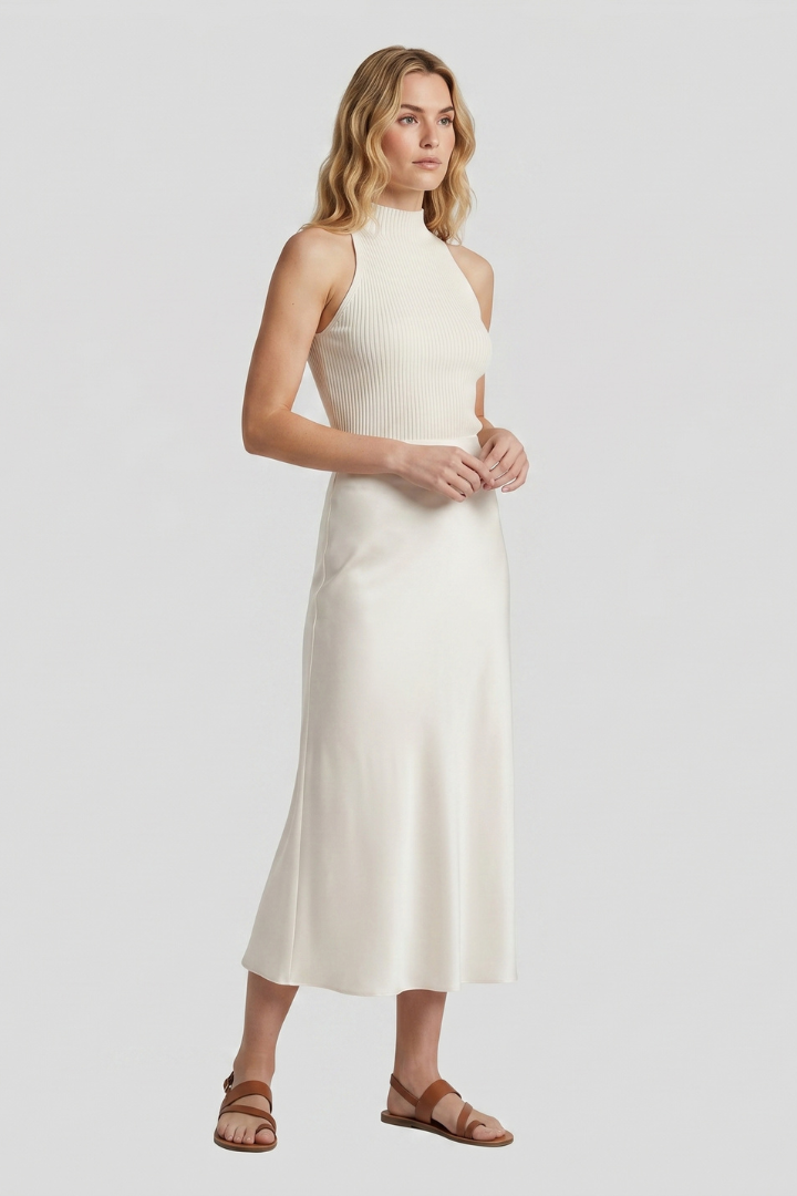 Dakota | Women’s Satin Midi Skirt – High Waist, Draped Cut, Elegant A-Line Slip Skirt