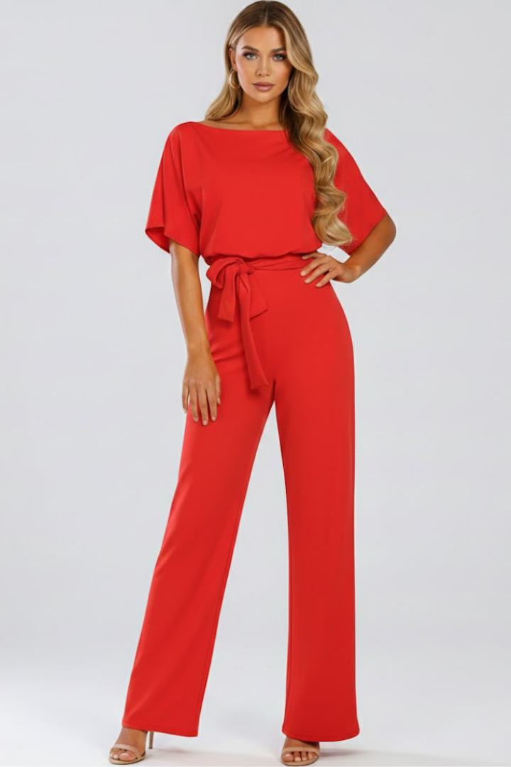 Danessa | Women’s Wide Leg Jumpsuit – Belted Waist Short Sleeve, Full Length One-Piece Outfit