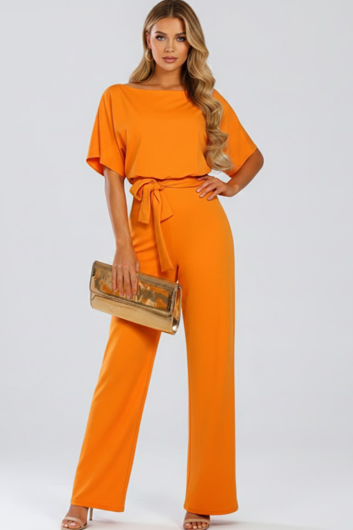Danessa | Women’s Wide Leg Jumpsuit – Belted Waist Short Sleeve, Full Length One-Piece Outfit