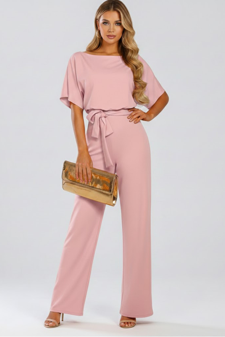 Danessa | Women’s Wide Leg Jumpsuit – Belted Waist Short Sleeve, Full Length One-Piece Outfit