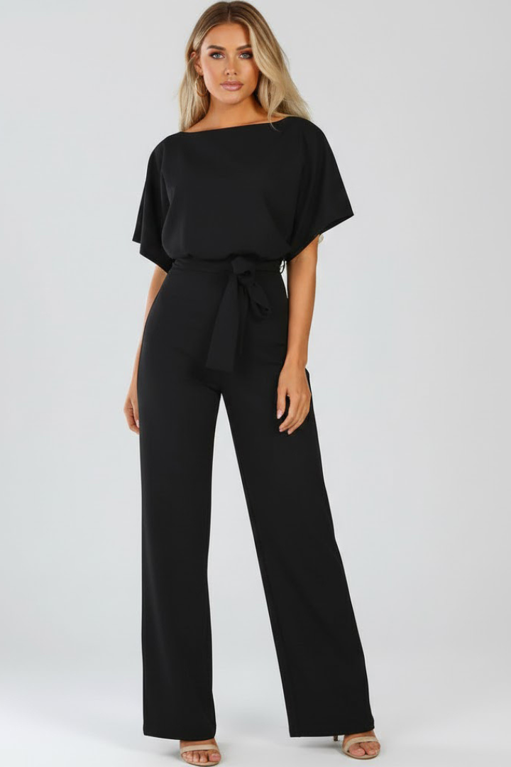 Danessa | Women’s Wide Leg Jumpsuit – Belted Waist Short Sleeve, Full Length One-Piece Outfit