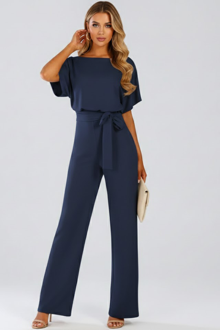 Danessa | Women’s Wide Leg Jumpsuit – Belted Waist Short Sleeve, Full Length One-Piece Outfit
