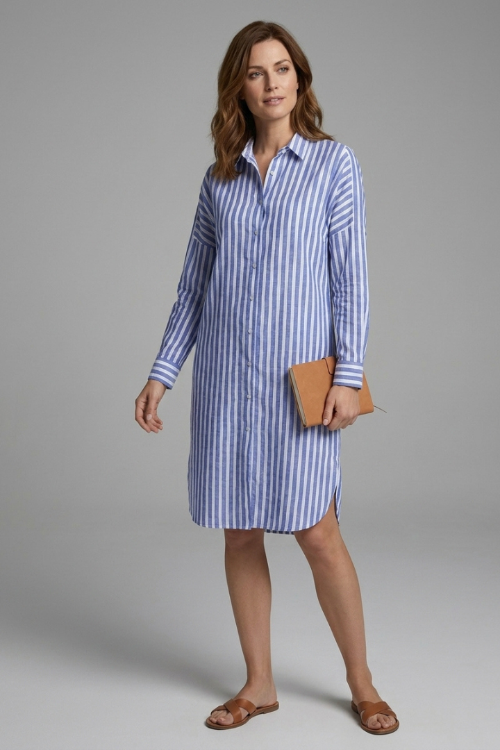 Danica | Women's Classic Striped Midi Dress – Collared Button-Up Shirt Dress