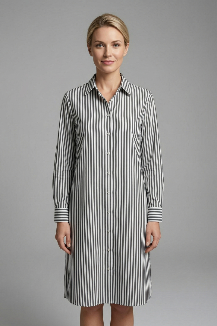 Danica | Women's Classic Striped Midi Dress – Collared Button-Up Shirt Dress