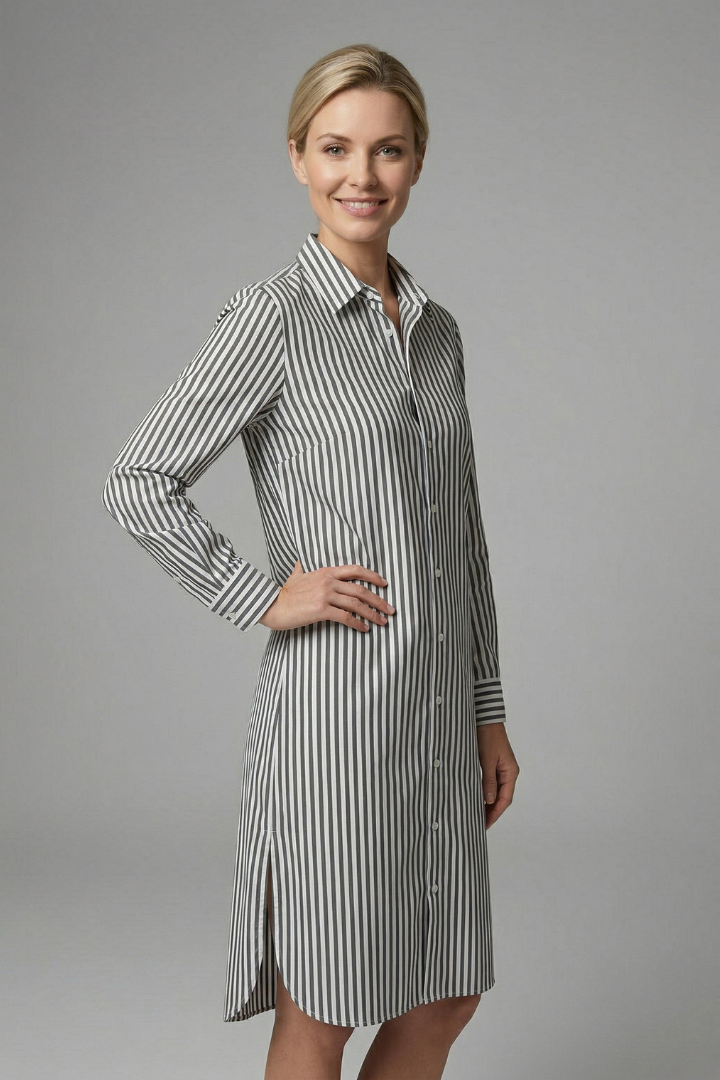 Danica | Women's Classic Striped Midi Dress – Collared Button-Up Shirt Dress