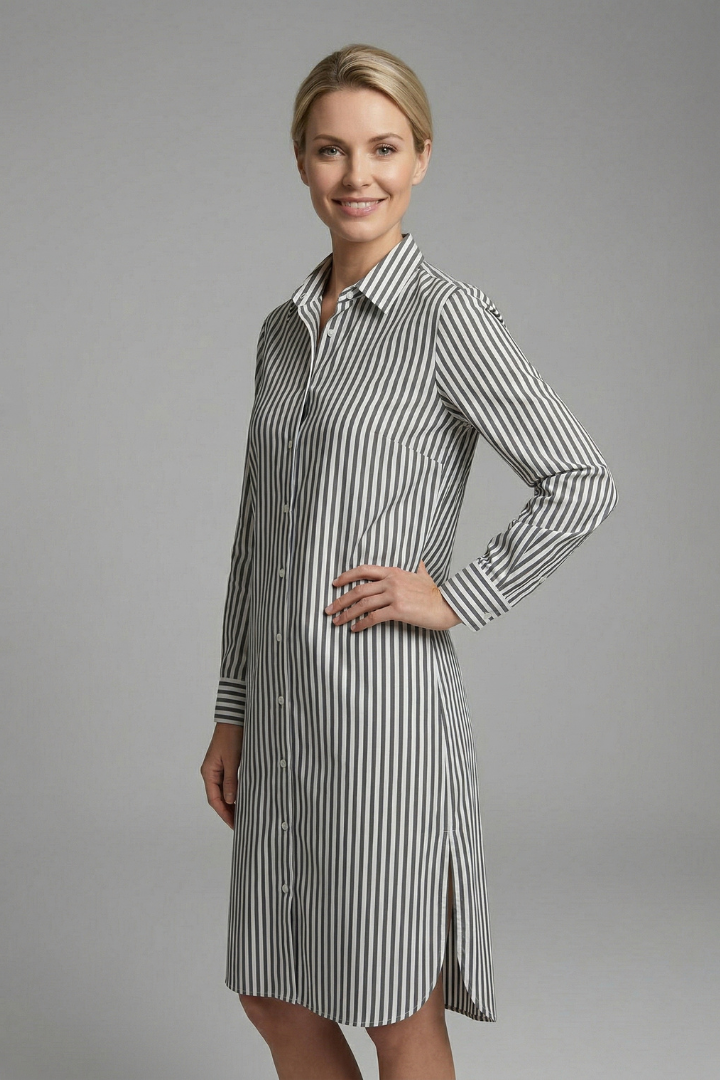 Danica | Women's Classic Striped Midi Dress – Collared Button-Up Shirt Dress