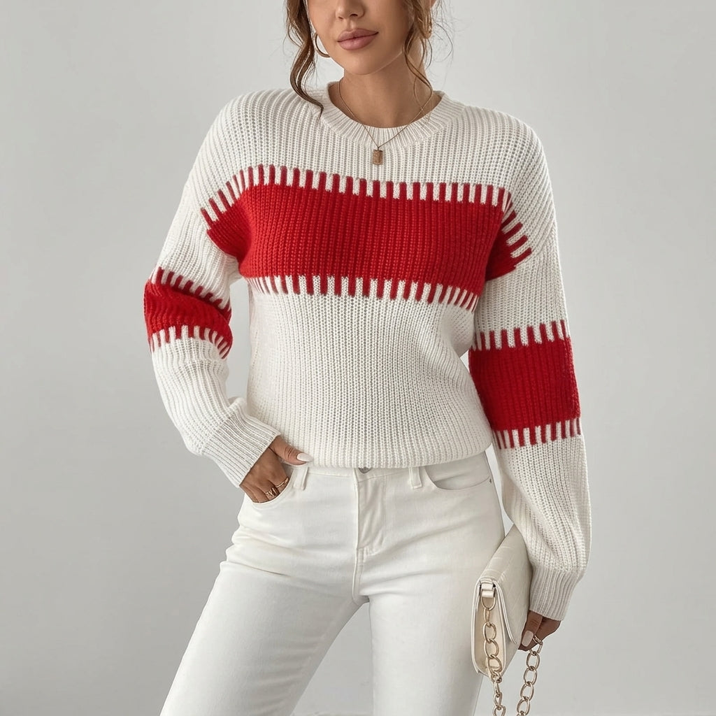Delara | Women's Striped Off-Shoulder Sweater – Multicolor Long Sleeve Casual Knit Top