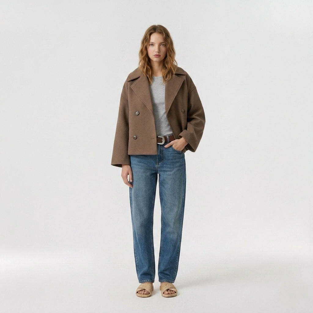 Della | Women's Cropped Wool Blend Coat – Double-Breasted Casual Short Jacket