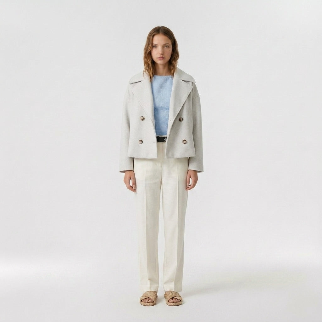 Della | Women's Cropped Wool Blend Coat – Double-Breasted Casual Short Jacket