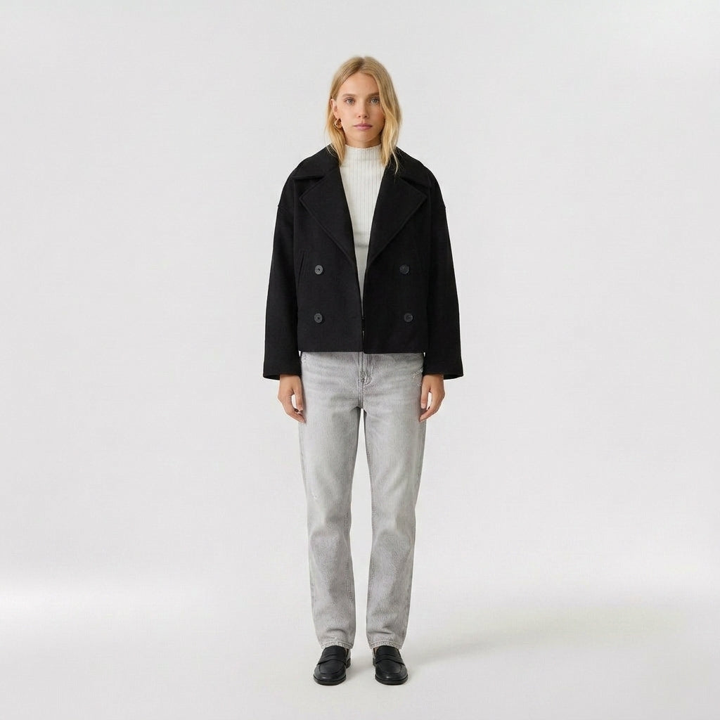 Della | Women's Cropped Wool Blend Coat – Double-Breasted Casual Short Jacket