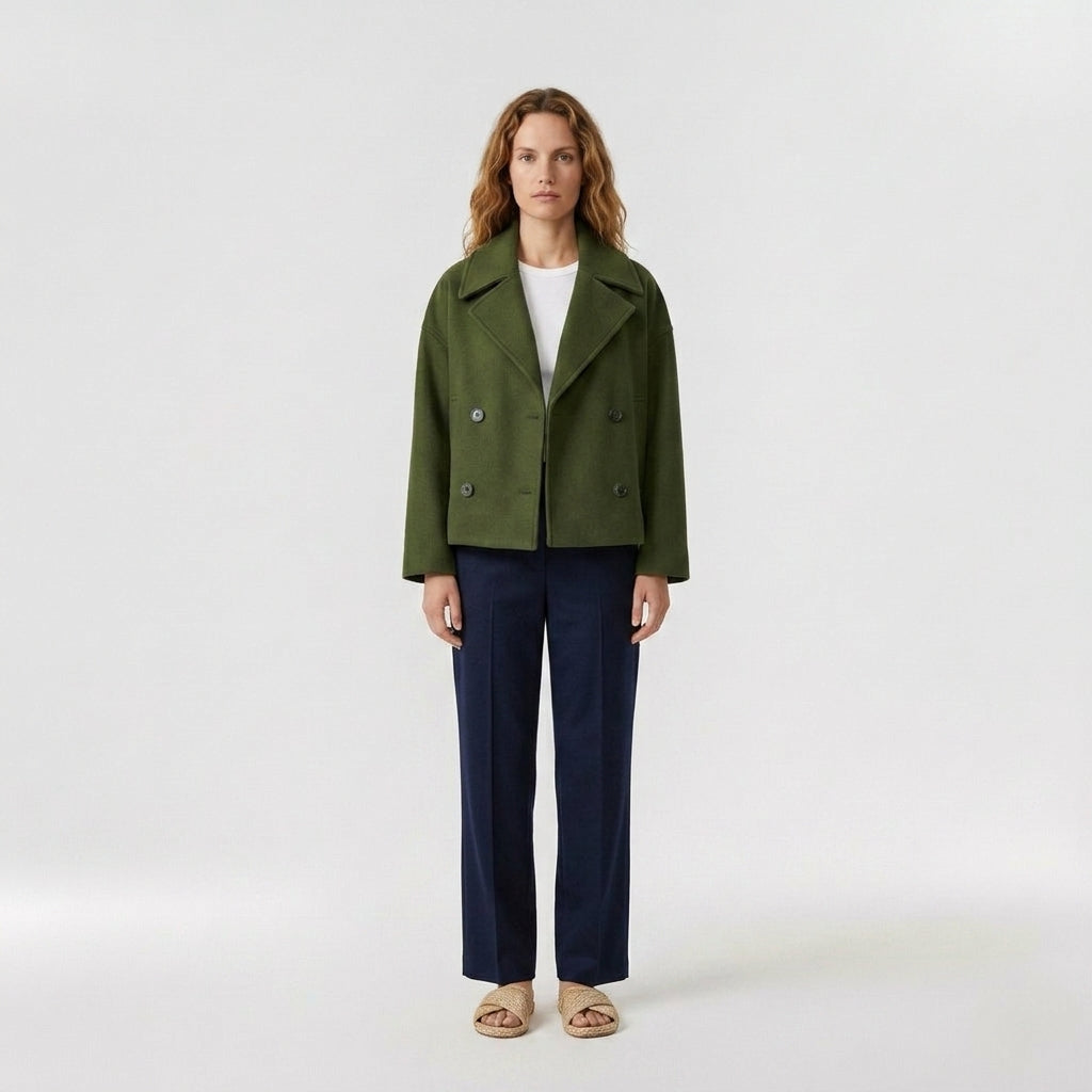 Della | Women's Cropped Wool Blend Coat – Double-Breasted Casual Short Jacket