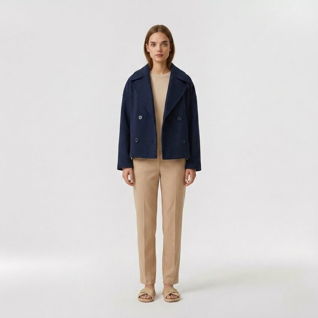 Della | Women's Cropped Wool Blend Coat – Double-Breasted Casual Short Jacket