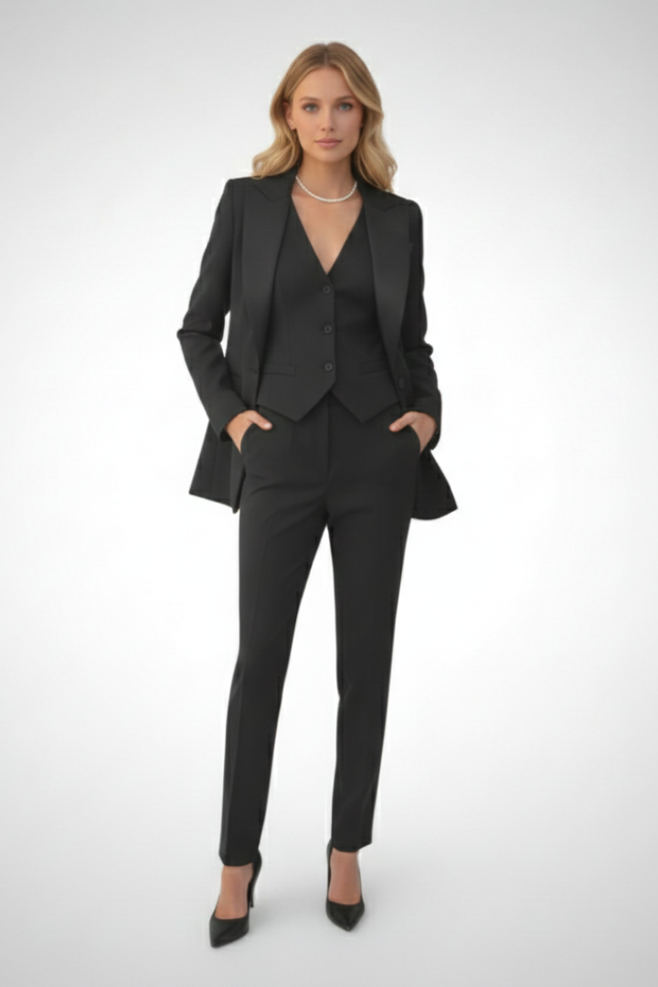 Women’s 3-Piece Suit Set – Tailored Blazer, Button Waistcoat & Straight-Leg Trousers