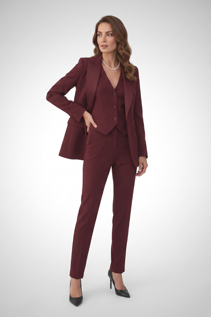 Women’s 3-Piece Suit Set – Tailored Blazer, Button Waistcoat & Straight-Leg Trousers
