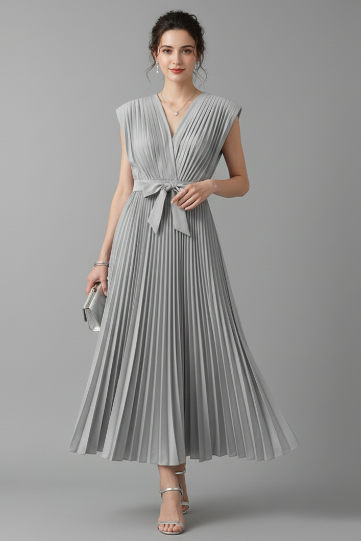 Dina | Women’s Pleated Midi Dress – V-Neck, Sleeveless,