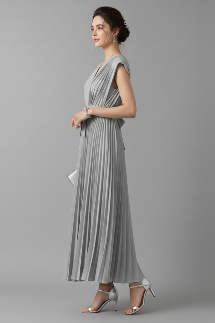 Dina | Women’s Pleated Midi Dress – V-Neck, Sleeveless,