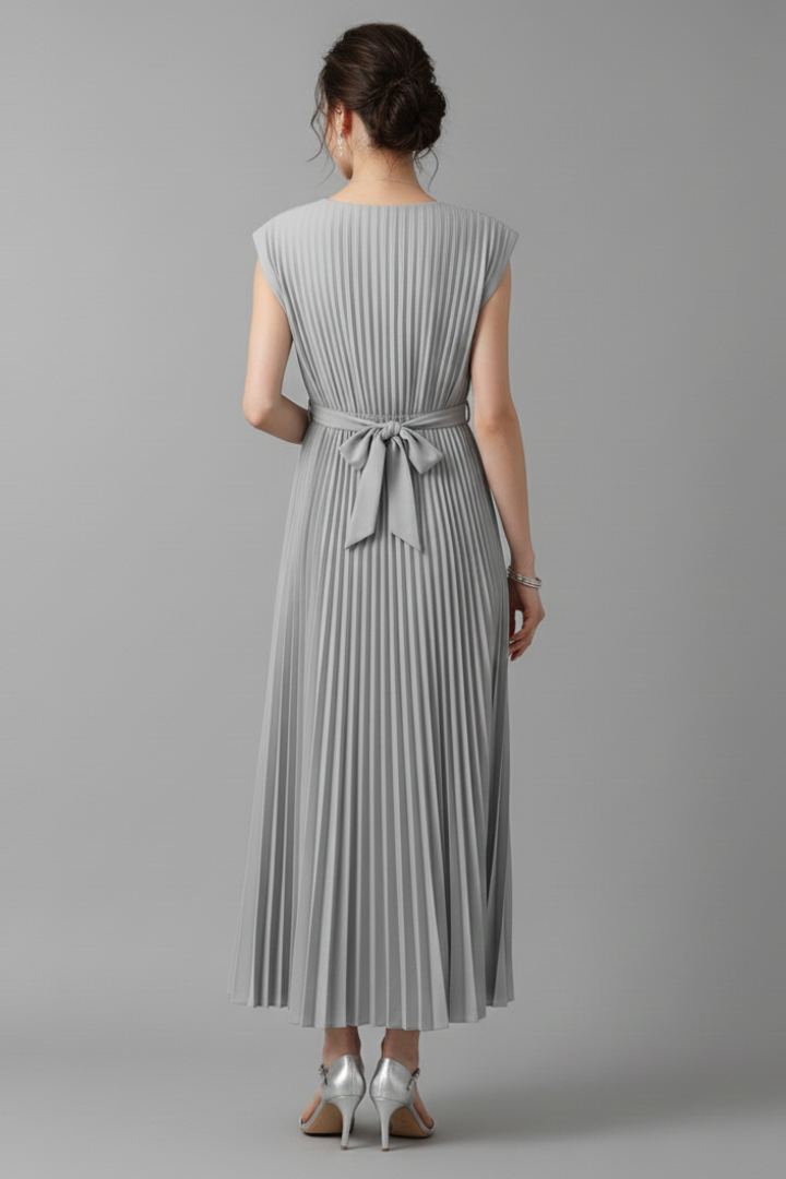 Dina | Women’s Pleated Midi Dress – V-Neck, Sleeveless,