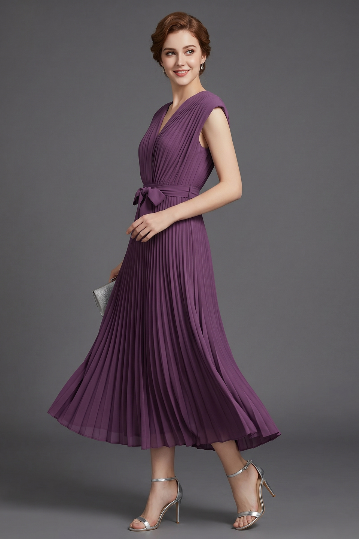Dina | Women’s Pleated Midi Dress – V-Neck, Sleeveless,