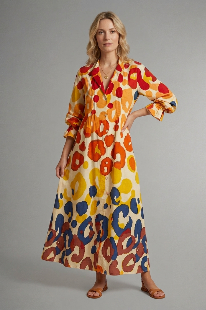 Dixie | Women's Long Floral Dress with Round Neck, Short Sleeves & Relaxed Fit