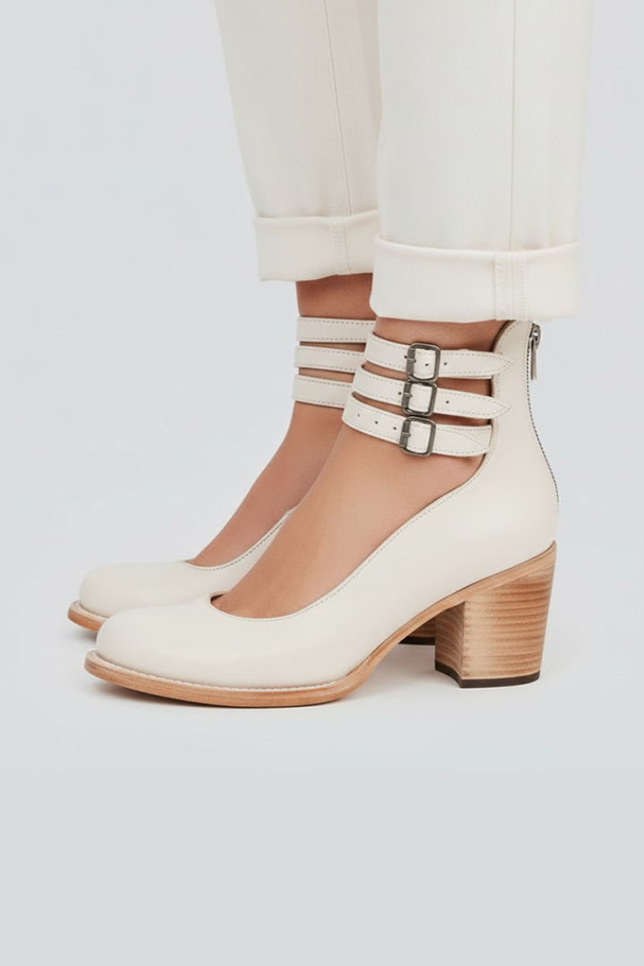 Eira | Women Block Heel Shoes – Closed Round Toe Ankle Strap Pumps, Multi Strap Buckle Heels