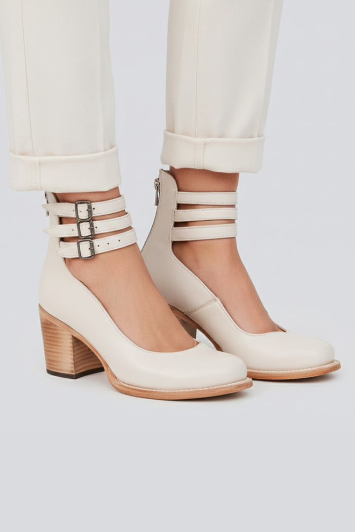 Eira | Women Block Heel Shoes – Closed Round Toe Ankle Strap Pumps, Multi Strap Buckle Heels