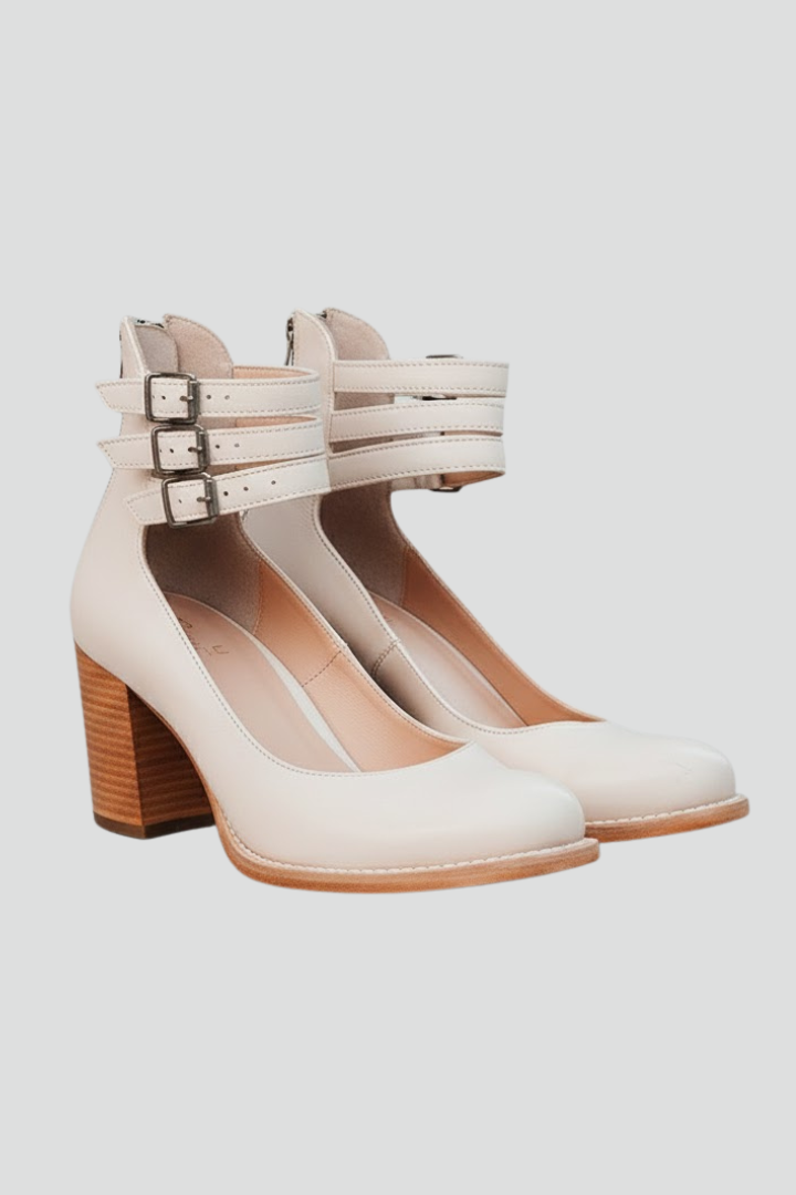 Eira | Women Block Heel Shoes – Closed Round Toe Ankle Strap Pumps, Multi Strap Buckle Heels